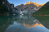 Lake Braies at sunrise, Dolomites, Alto Adige, Italy, Europe