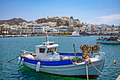 Traditional fishing boats moored in the harbour in Naxos Town, Naxos, the Cyclades, Aegean Sea, Greek Islands, Greece, Europe
