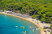 Aerial view of Koukounaries Beach, Skiathos Town, Skiathos Island, Sporades Islands, Greek Islands, Greece, Europe