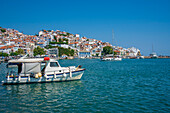 View of old town and sea, Skopelos Town, Skopelos Island, Sporades Islands, Greek Islands, Greece, Europe