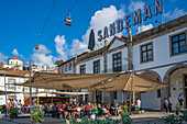 View of cafes and restaurants overlooked by Igreja da Serra do Pilar church, Porto, Norte, Portugal, Europe