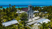 Aerial of the Old Church of St. Michel, Hikueru, Tuamotu archipelago, French Polynesia, South Pacific, Pacific