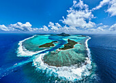 Aerial of the lagoon of Maupiti island, Society Islands, French Polynesia, South Pacific, Pacific