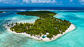 Luftaufnahme eines kleinen Eilands mit weißem Sandstrand, Maupiti, Gesellschaftsinseln, Französisch-Polynesien, Südpazifik, Pazifik