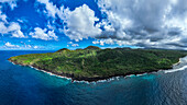 Aerial of the volcanic south coast, Taveuni, Fiji, South Pacific, Pacific