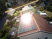 High angle view of roof with solar panels