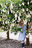 Paper labels hanging on tree