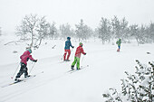 Children snowshoeing in forest
