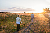 Spaziergänger mit Hund bei Sonnenuntergang