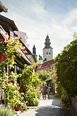 Couple walking through old town