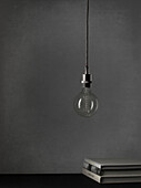 Light bulb hanging against grey background