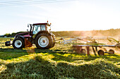 Tractor with hay tedder on field