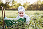 Toddler girl in wooden cart