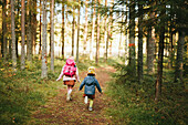 Girls walking through forest