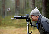 Vögel fliegen um Fotograf