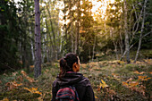 Rückansicht einer Frau im Herbstwald