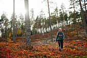 Ältere Frau geht durch den Wald