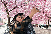 Couple taking selfie under cherry blossom