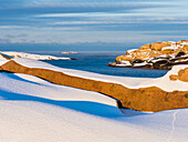 Snowy coast and sea in sunlight