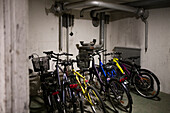 Bicycles parked in basement