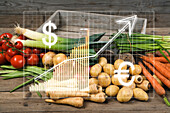 Finanzkarte und Haufen von Gemüse