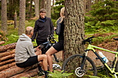 Radfahrer ruhen sich auf Baumstämmen im Wald aus