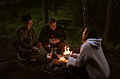 Friends sitting by campfire in forest