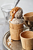 Shiitake ice cream with caramel and roasted pine nuts