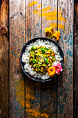 Vegan Thai coconut curry with broccoli and basmati rice