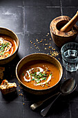Sweet potato, ginger and coconut soup with coriander seeds and coconut cream