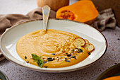 Creamy Pumpkin soup with croutons and pumpkin seeds