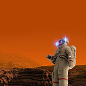 Astronaut walking on the surface of Mars, illustration