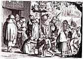 Fake relic sellers, 19th century illustration