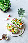 Slices of bread topped with boiled eggs and vegetables