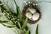 Osternest mit Eiern, Gypsophila und Blätterzweig auf Betonuntergrund