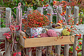 Herbstarrangement aus Hagebuttenstrauß und Kastanien