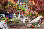 Autumn rosehip bouquet and lantern on wooden tray