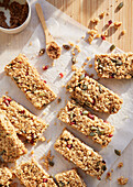 Crumbly oat bars with pomegranate and pumpkin seeds