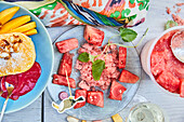 Coconut-mango parfait and watermelon granita