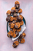 Vegan peanut butter pretzels dipped in dark chocolate