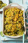 Green Mac and Cheese made with spinach, broccoli, thyme and cheddar cheese