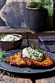 Bacon and potato pancakes with herb curd cheese