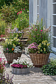 Chinese fountain grass, coneflower, stonecrop, and yarrow in planters on a wooden terrace