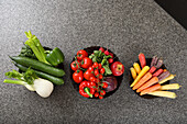 Fresh fruit and vegetables in bowls