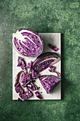 Red cabbage on a marble chopping board