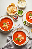 Tomato soup with salsa and tortilla chips
