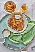 Banana Bubelach with mulled wine fruit compote (Passover pancakes)