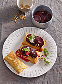 Savory pastry with goat cheese and braised beetroot