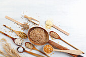 Assorted cereals, salt, and flour on wooden spoons