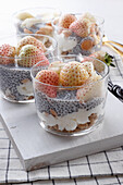 Triffle with chia pudding and white strawberries